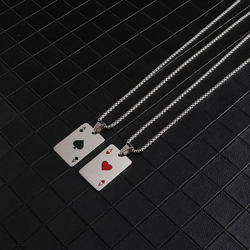 Men Statement Poker Lucky Ace of Spades Pendant Necklace Red Black Silver Color Stainless Steel Long Chain Necklaces Jewelry