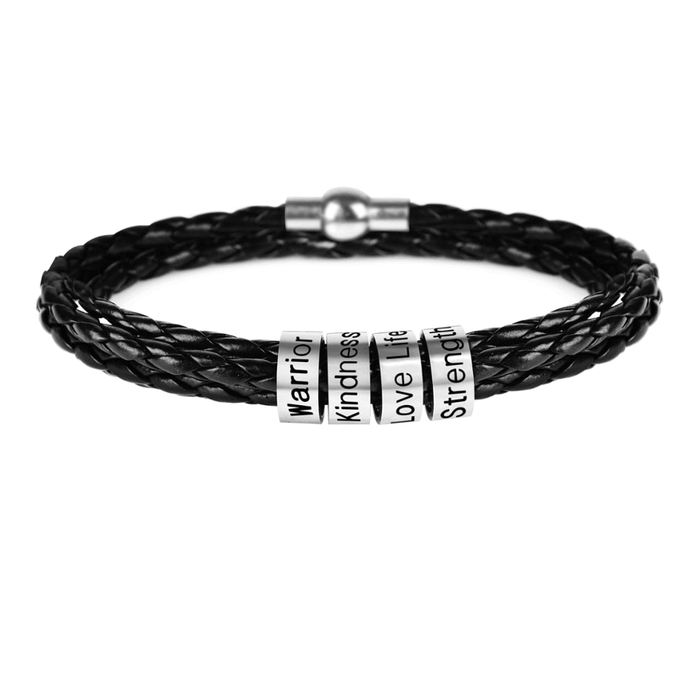 LIKGREAT Name Letter Customize Leather Bracelet for Women Men Stainless Steel Bead Braided Rope Wrist Bracelets Personalized
