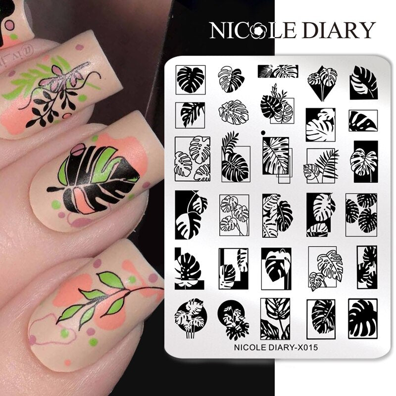 NICOLE DIARY Leaves Flower Stripe Design Stamping Plates Abstract Lady Face Nail Stamp Templates Leaf Floral Printing Stencil