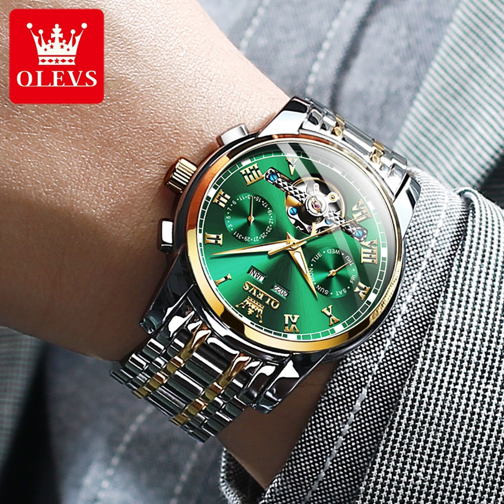 OLEVS Automatic Mechanical Men Watches Stainless Steel Waterproof Date Week Green Fashion Classic Wrist Watches Reloj Hombre