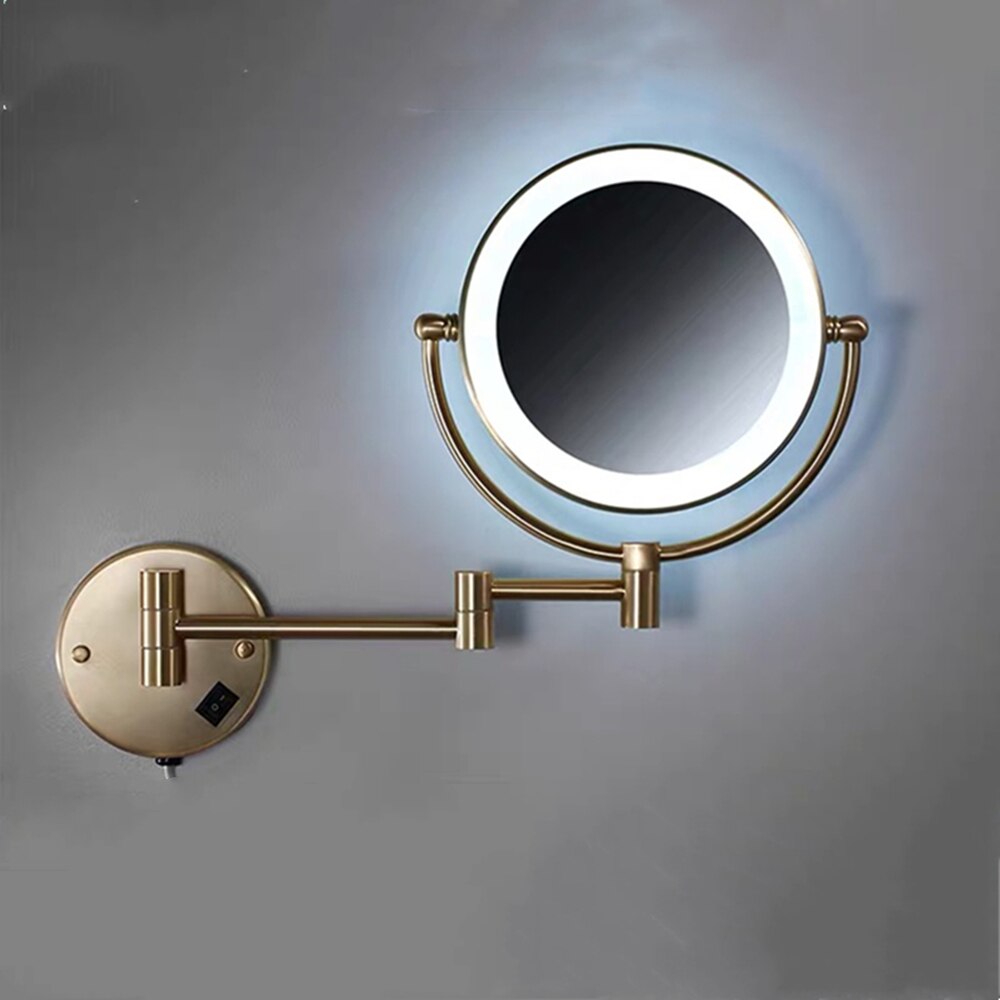 Makeup Mirrors Black/Brushed Gold Brass Wall Extending Folding Double Side LED Light Mirror 3 X/5X/10X Magnification Bath Mirror