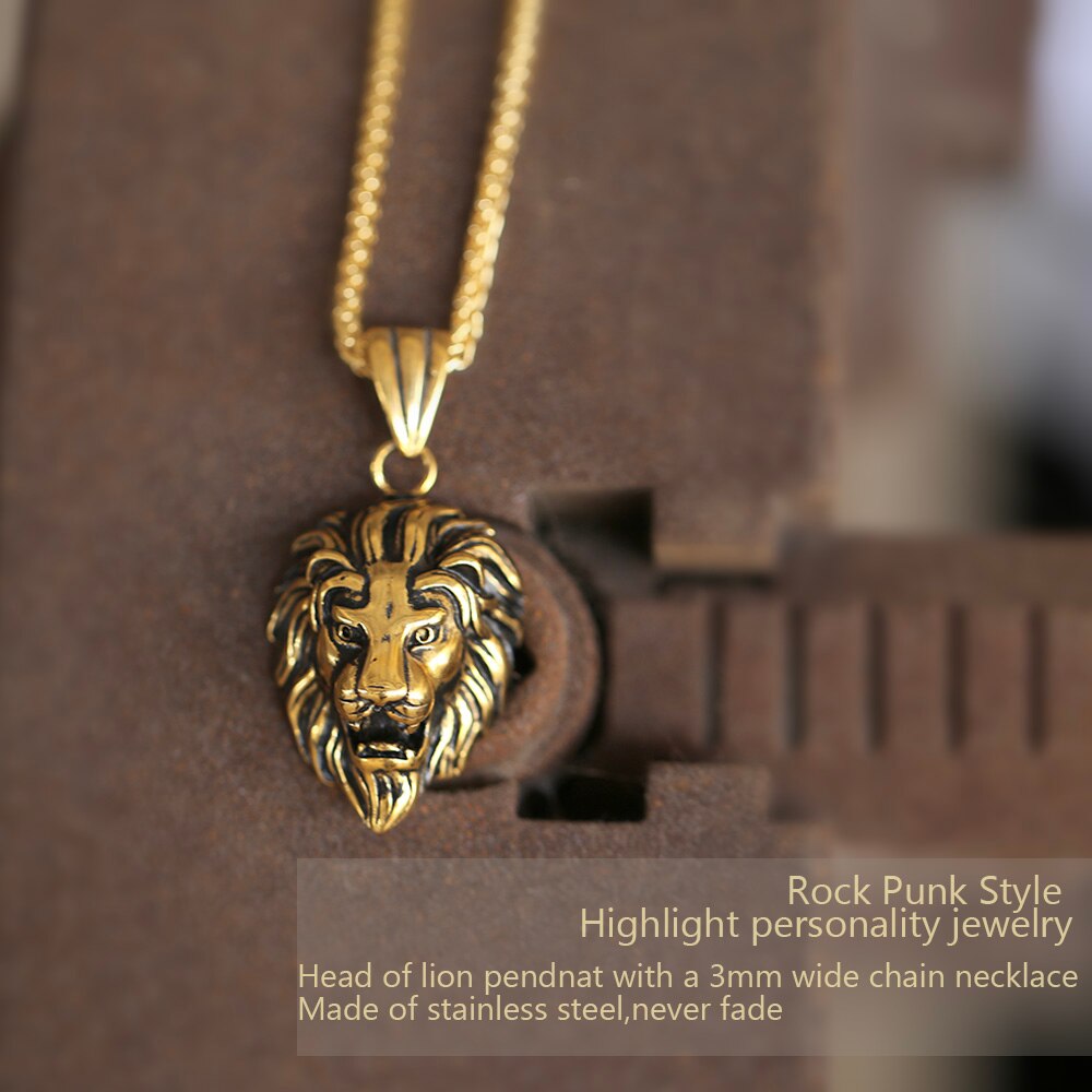 U7 Black Lion Charms Necklace Rock Punk Style Men/Women Retro Jewelry Gold Color Stainless Steel Chain Necklace & Pendant P807