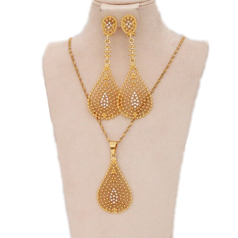 24k Gold Plated Ethiopian Earrings Pendant Necklace Set Dubai Women's Jewelry Set Africa India Nigeria Wedding Gift Party Jewelr