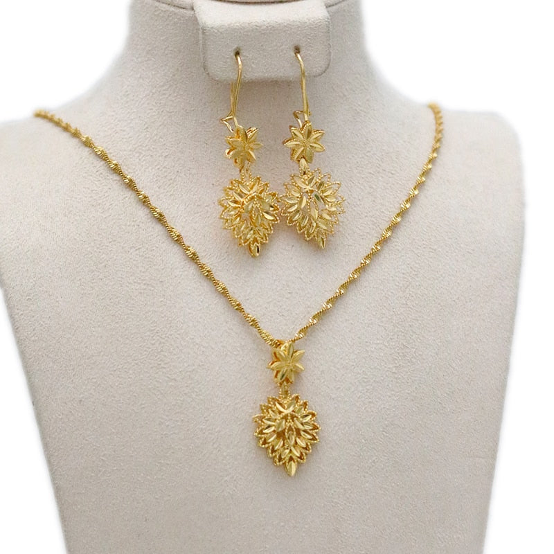 Dubai Jewelry Sets for Women 24k Gold Color Love Ethiopian African Heart Necklace Earrings Sets Arab Bridal Dowry Jewelry