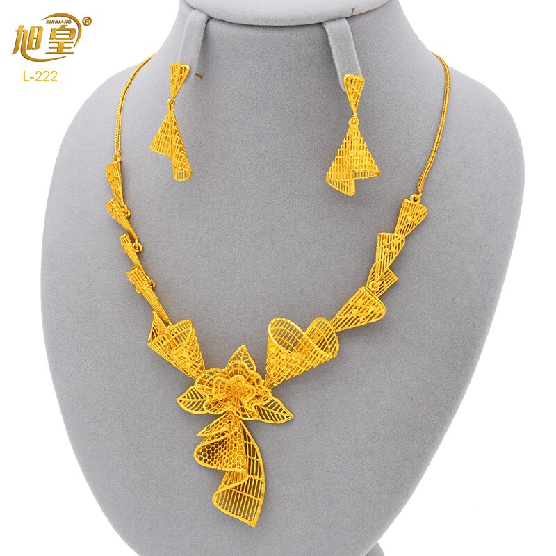 XUHUANG Dubai 24K Plated Necklace Earring Set Arabic Ethiopian Nigerian Banquet Wedding Party Necklace Choker Jewellery Set Gift