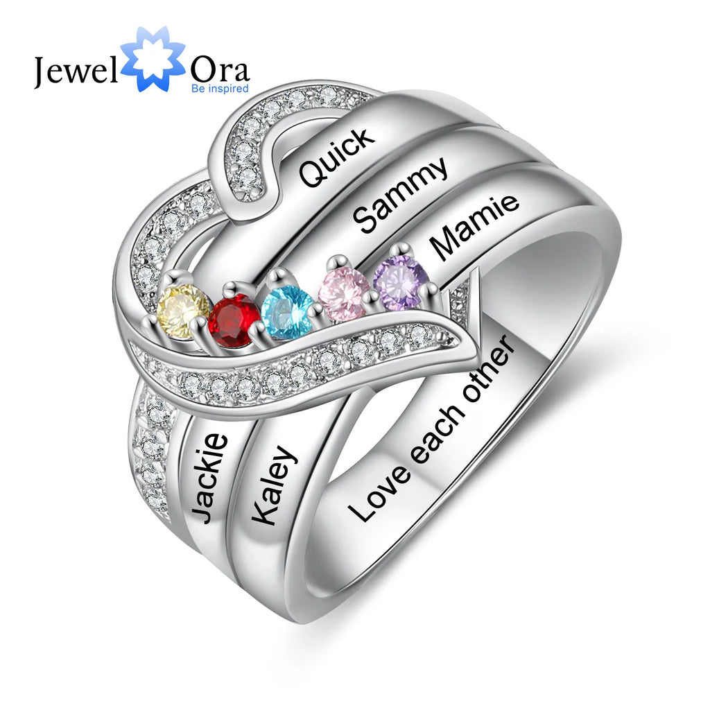 925 Sterling Silver Personalized 1-8 Name Engraved Ring with Birthstone Custom Engagement Heart Rings for Women Mothers Day Gift
