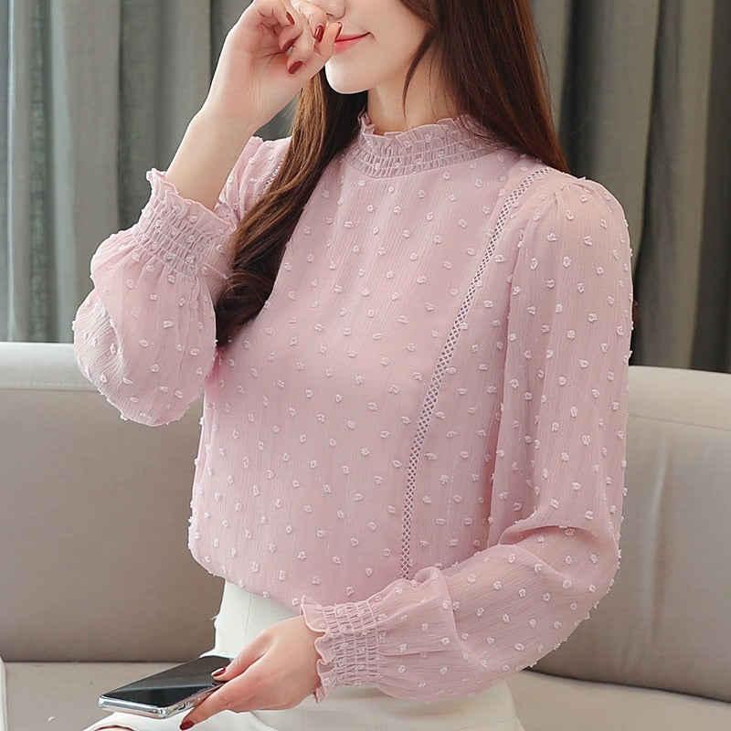 New 2023 Fashion Women Chiffon Blouses Long Sleeve Casual Women Tops Embroidery Elegant Stand Collar Women Clothing 5401 50