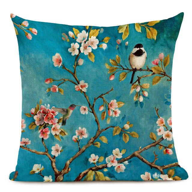 Watercolor Flower Cushion Cover Vintage Bird Blue Pink Pillow Case Transparent Flowers Sofa Decorative Pillow Cover 45x45cm