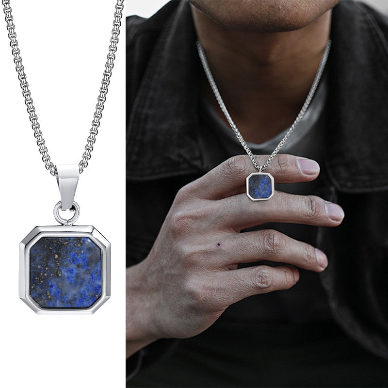 Vnox Geometric Square Necklaces for Men, Enamel Square Pendant with Rope Cuban Figaro Box Chain, Casual Vintage Cool Collar