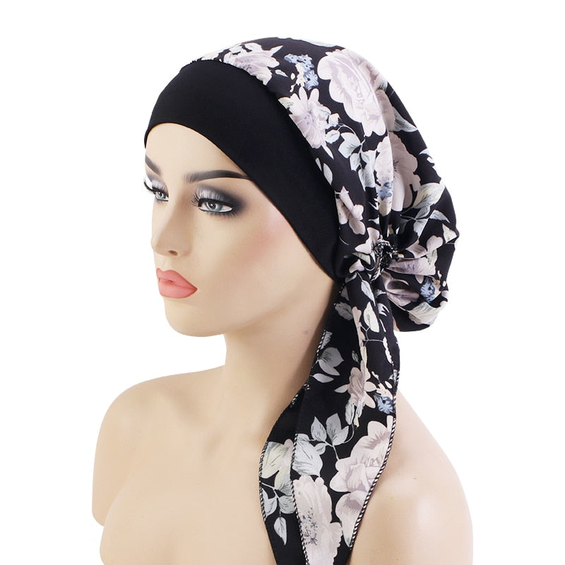 Women Printed Pre-tie Headscarf Elastic Muslim Female Turban Cancer Chemo Hat Hair Loss Cover Head Wrap Headwear Stretch Bandana