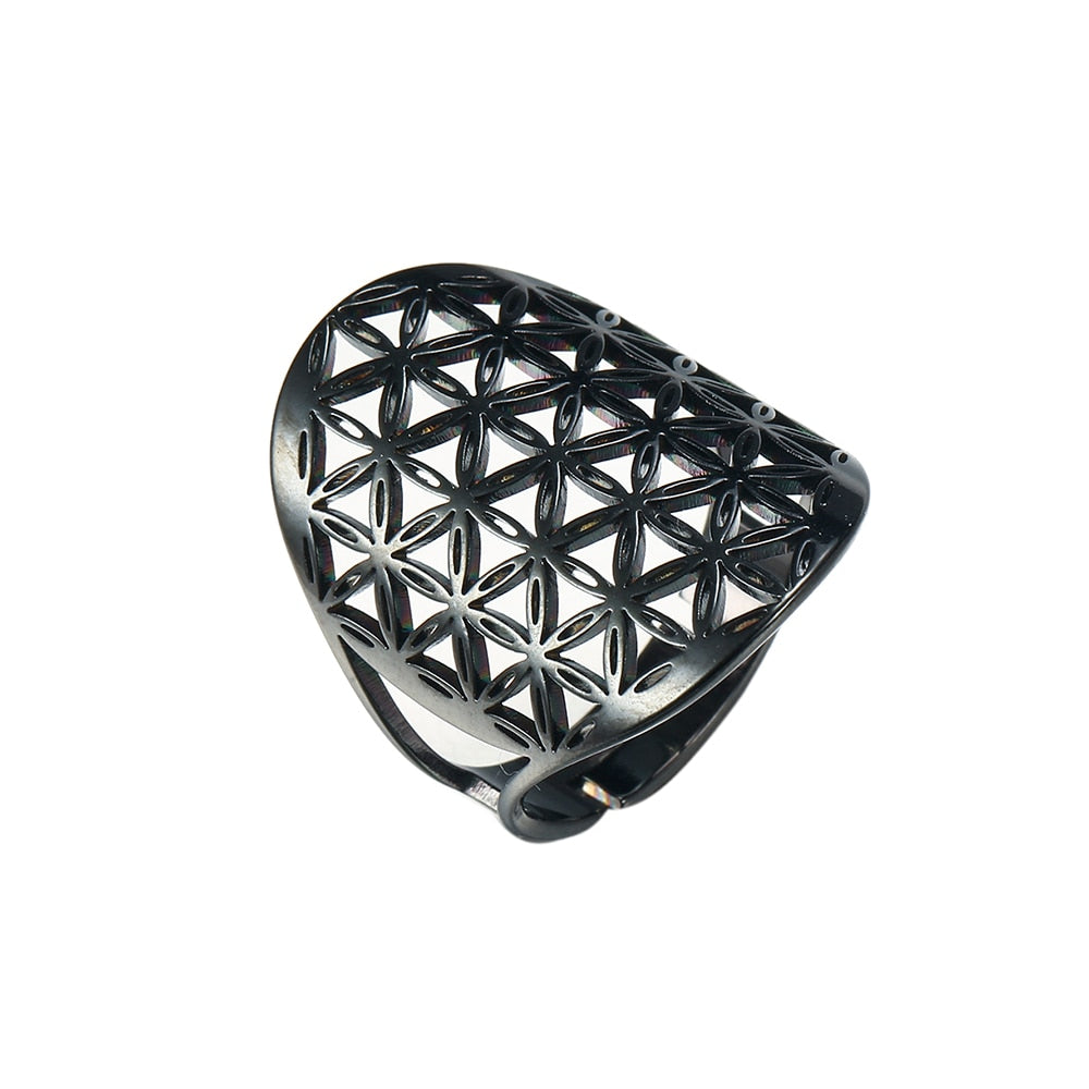 Skyrim Viking Flower of Life Ring Vintage Adjustable Stainless Steel Sacred Geometry Rings for Women Amulet Jewelry Wholesale