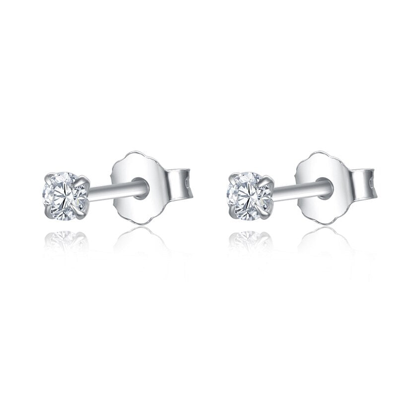 100% Real Sterling Silver 925 Fashion Stud Earrings Small Single Diamond Stud Wedding Engagement Jewelry Gift for Women Girls