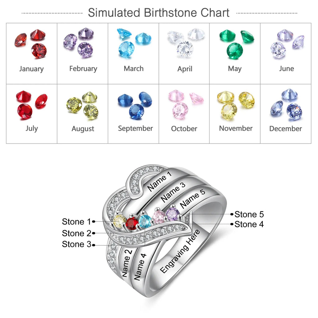 925 Sterling Silver Personalized 1-8 Name Engraved Ring with Birthstone Custom Engagement Heart Rings for Women Mothers Day Gift