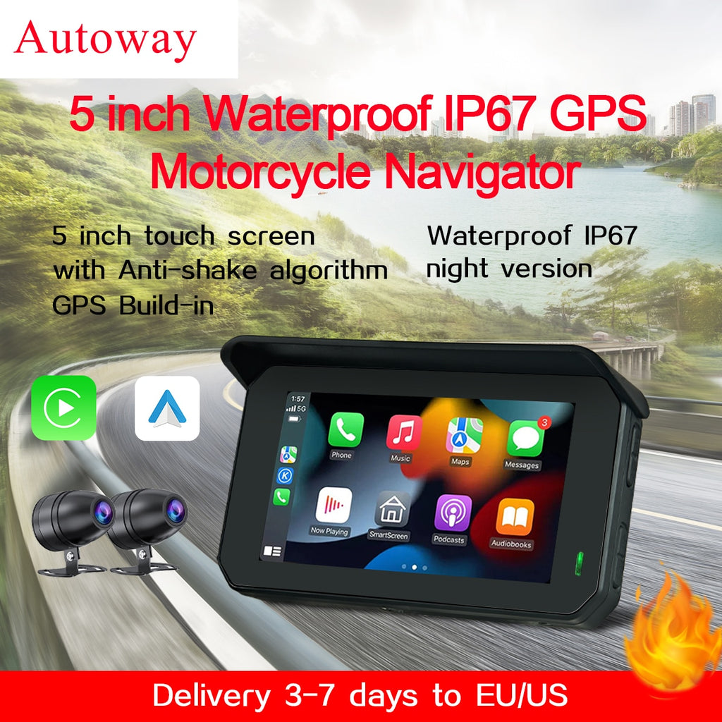 Autoway Waterproof Wireless Carplay for Motorcycle 5'' Touch Screen Android Auto with GPS TMPS Anti-shake Night Version Cameras