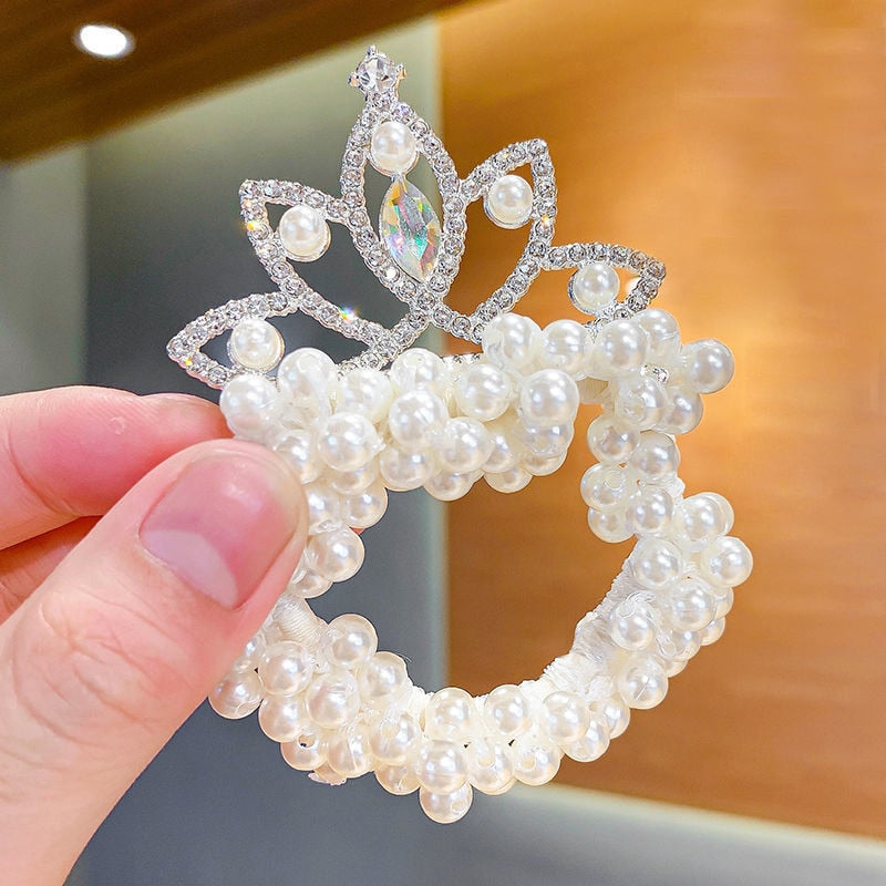 Fashion Pearl Crown Princess Hair Bands Elastic Rubber Bands Children Ball Hair Bun Ties Hair Styling Accessories