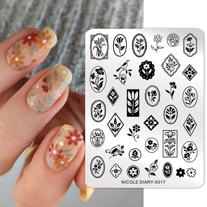 NICOLE DIARY Leaves Flower Stripe Design Stamping Plates Abstract Lady Face Nail Stamp Templates Leaf Floral Printing Stencil