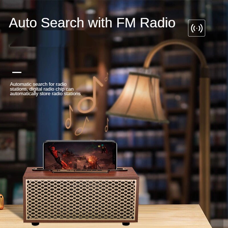 FM Vintage Wood Grain Bluetooth Speaker TWS Wireless Subwoofer Outdoor Portable Radio Gift Stereo Mobile Phone Stand Speaker