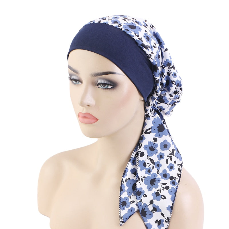 Women Printed Pre-tie Headscarf Elastic Muslim Female Turban Cancer Chemo Hat Hair Loss Cover Head Wrap Headwear Stretch Bandana