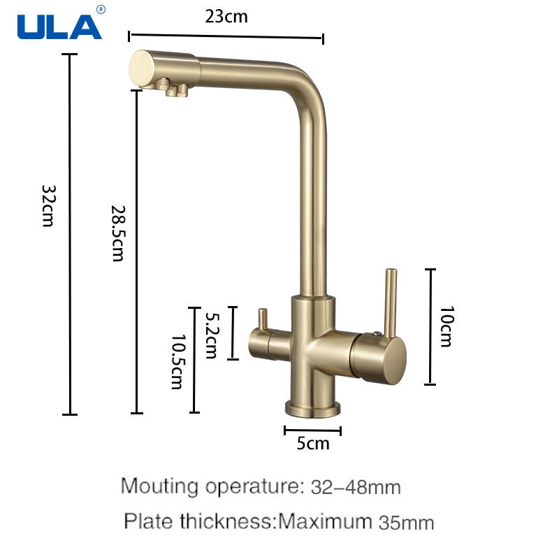 ULA Filtered Kitchen Faucet Brass Purifier Faucet Dual Sprayer Drinking Water Mixer Tap Nozzle Sink Mixer Kitchen Gold Tap