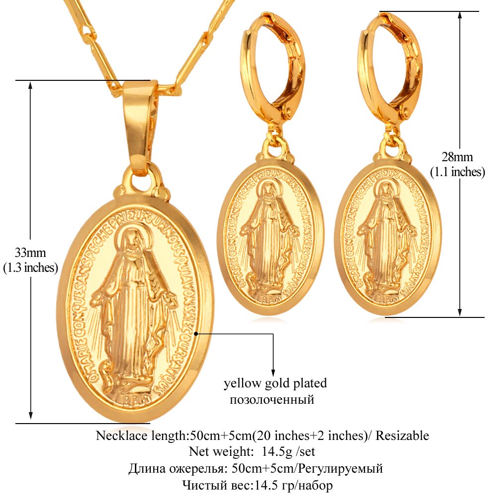 U7 Platinum Rose Gold 18K Color Virgin Mary Miraculous Medal Oval Coin Necklace Earring 2pcs/set Jewelry Set for Women