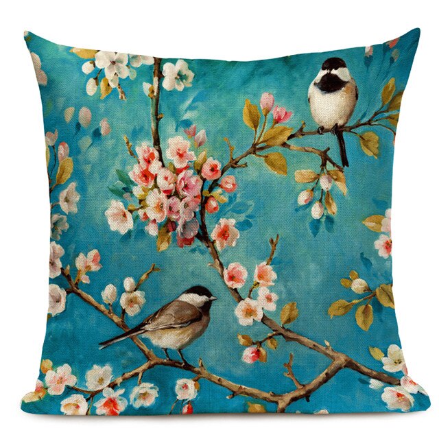 Watercolor Flower Cushion Cover Vintage Bird Blue Pink Pillow Case Transparent Flowers Sofa Decorative Pillow Cover 45x45cm