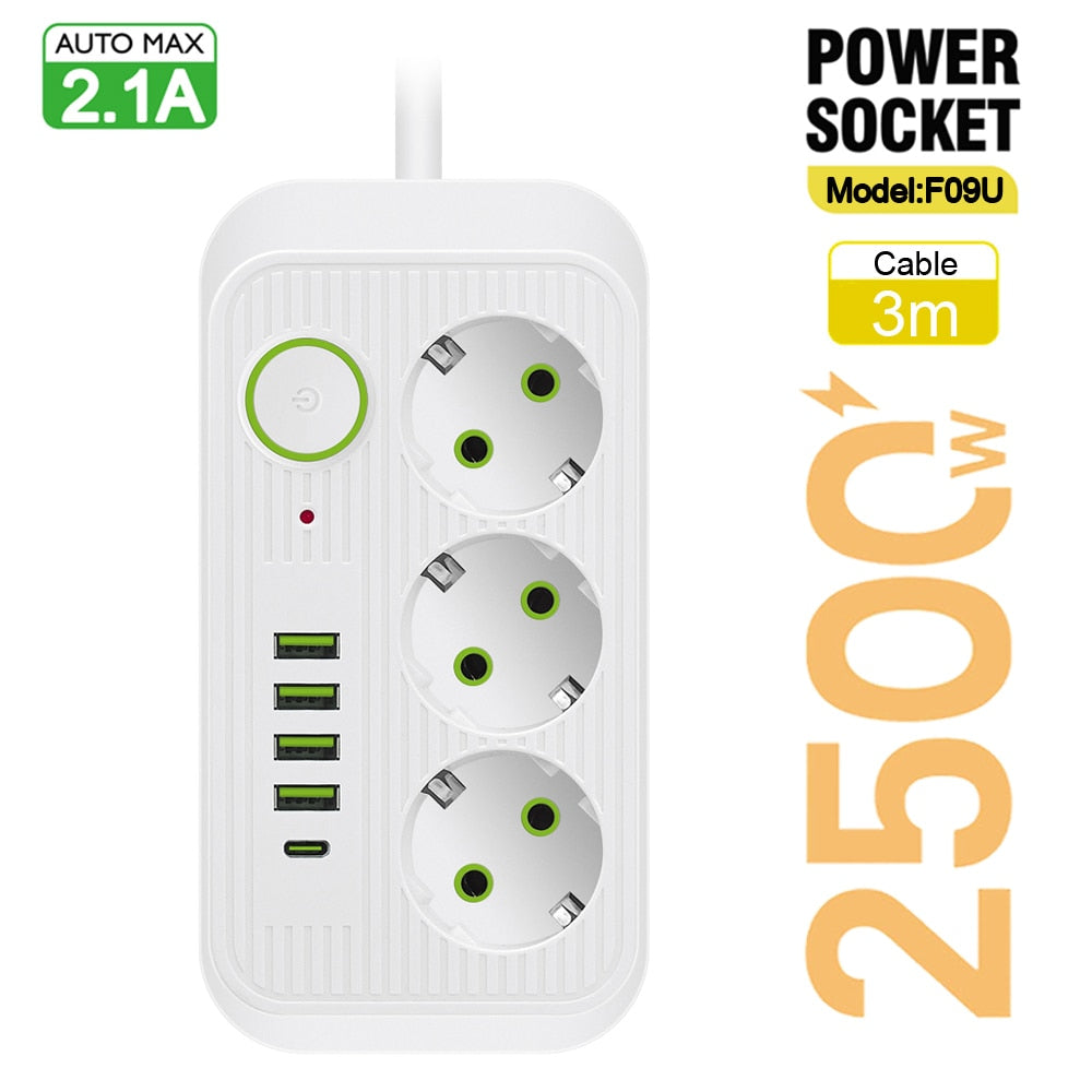 EU Plug AC Outlet Power Strip Multiprise Smart Home Extension Cord Electrical Socket 6 USB Port 3.1A Phone Charge Network Filter