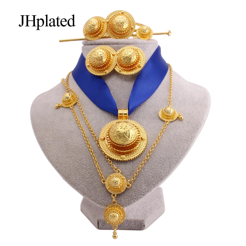 Luxury Gold plated bridal Jewelry sets for women Ethiopian Red rope pendant Hairpin necklace earrings bracelet ring wedding gift