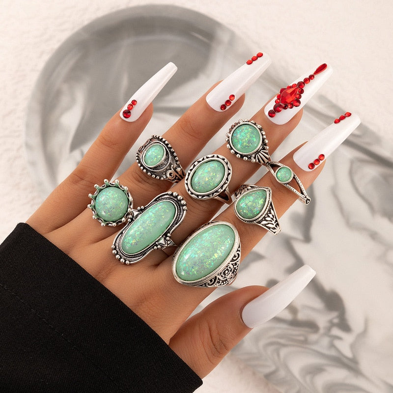 Tocona Vintage Antique Silver Color Rings Sets Colorful Opal Crystal Stone Carve for Women Men Bohemian Jewelry Anillos 6421