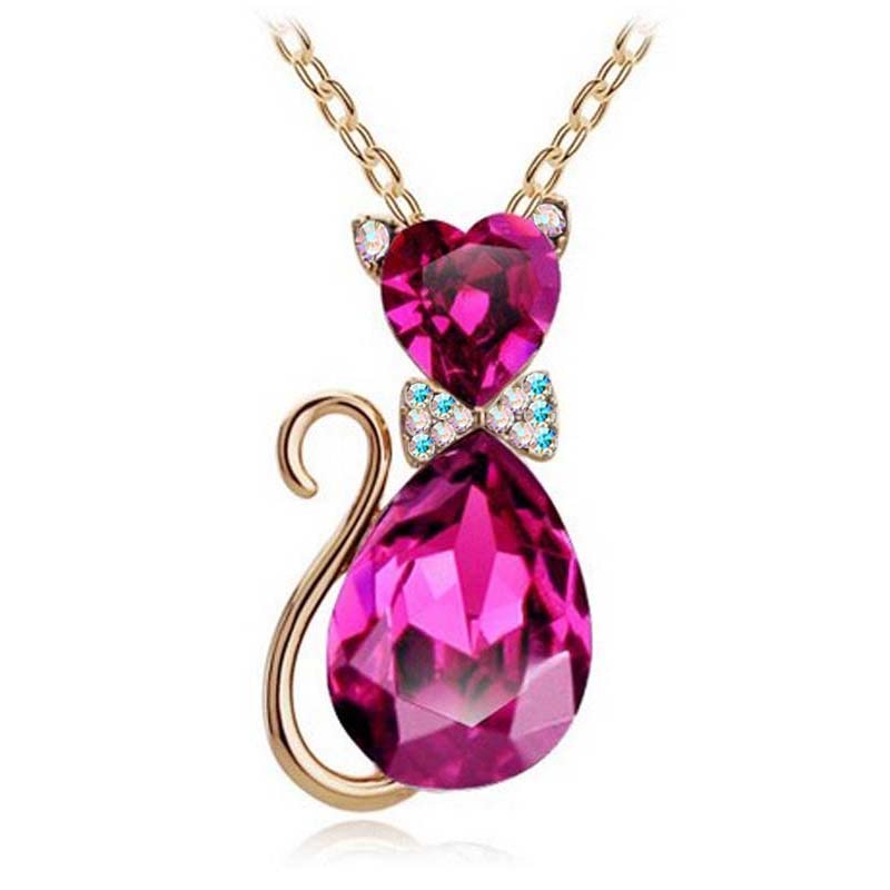 Cute Cat Pendant Necklace For Women Heart Crystal Jewelry Austrian Crystal Clavicle Chain Necklace