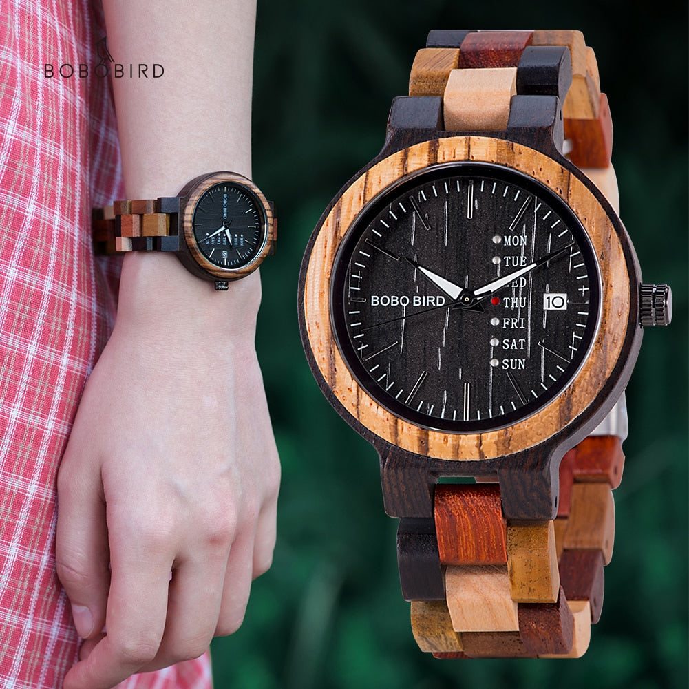 BOBO BIRD Couple Wooden Watch Luxury Brand Wood Timepieces Week Date Display Quartz Watches for Men Women Unique Family Gift