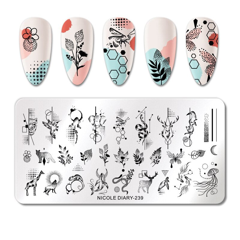 NICOLE DIARY Leaves Flower Stripe Design Stamping Plates Abstract Lady Face Nail Stamp Templates Leaf Floral Printing Stencil