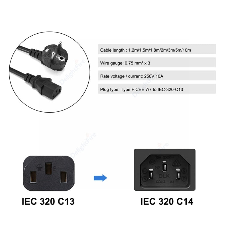 PC Power Extension Cord 2m 5m 10m Schuko EU Plug IEC C13 Power Supply Cable For Projector PC Computer Monitor Printer Sony PS4