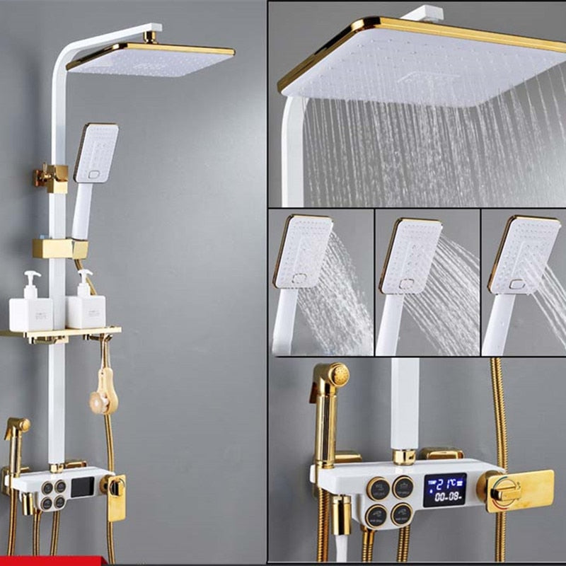 Hot and Cold Digital Shower Set Faucet Bathroom Shower System Black Gold Shower Faucet Square Shower Head  Bath Shower System