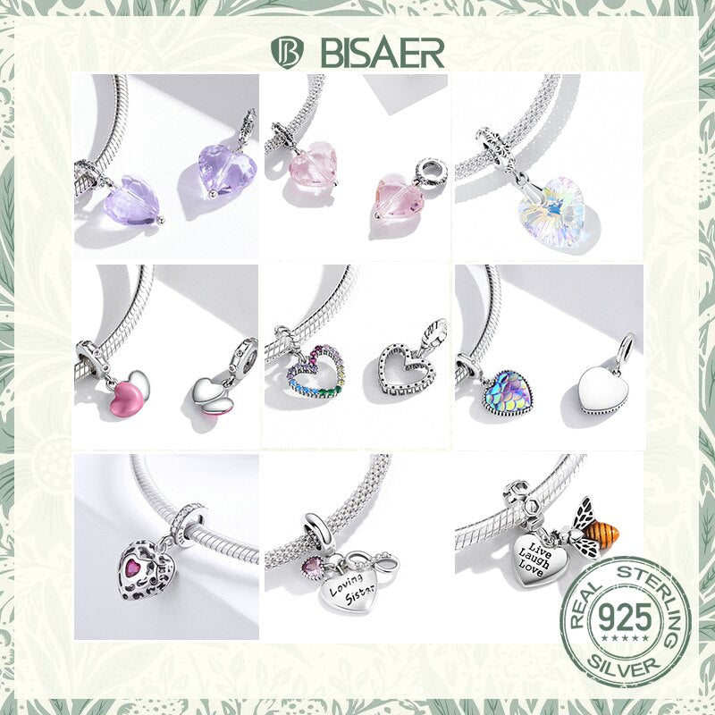 BISAER 925 Sterling Silver Heart Series Charm Bead Colorful Zircon Pendant Fit Family Mother's Day Birthday Bracelet DIY Jewelry