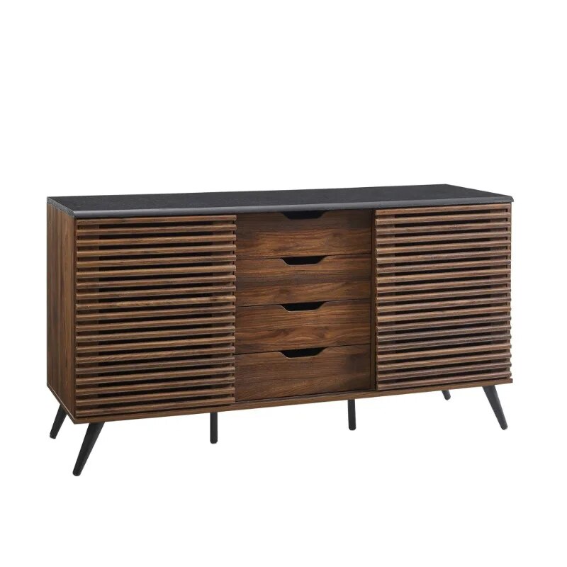 Modern Two Toned Sliding Slat Door Sideboard, Ebony/Dark Walnut