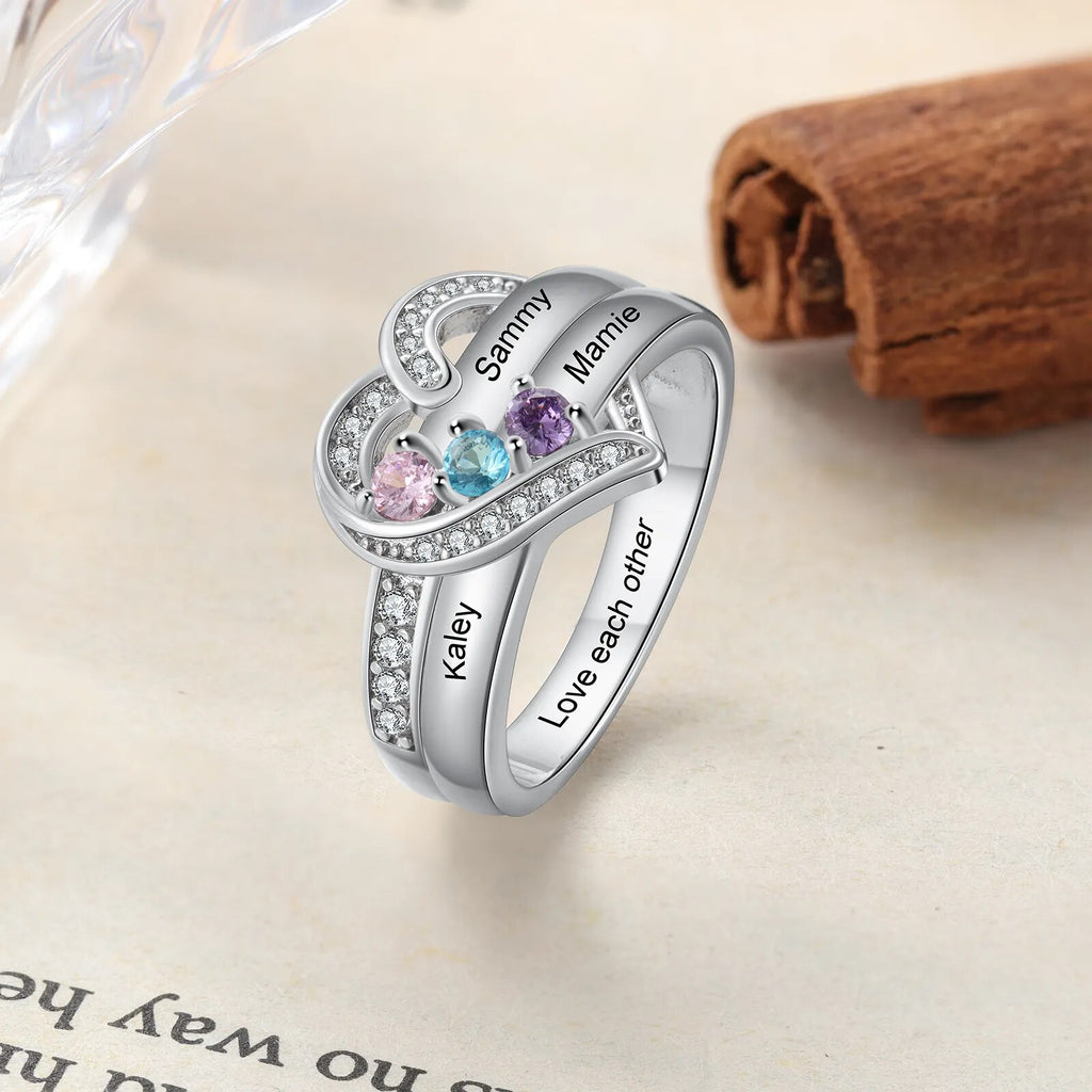 925 Sterling Silver Personalized 1-8 Name Engraved Ring with Birthstone Custom Engagement Heart Rings for Women Mothers Day Gift