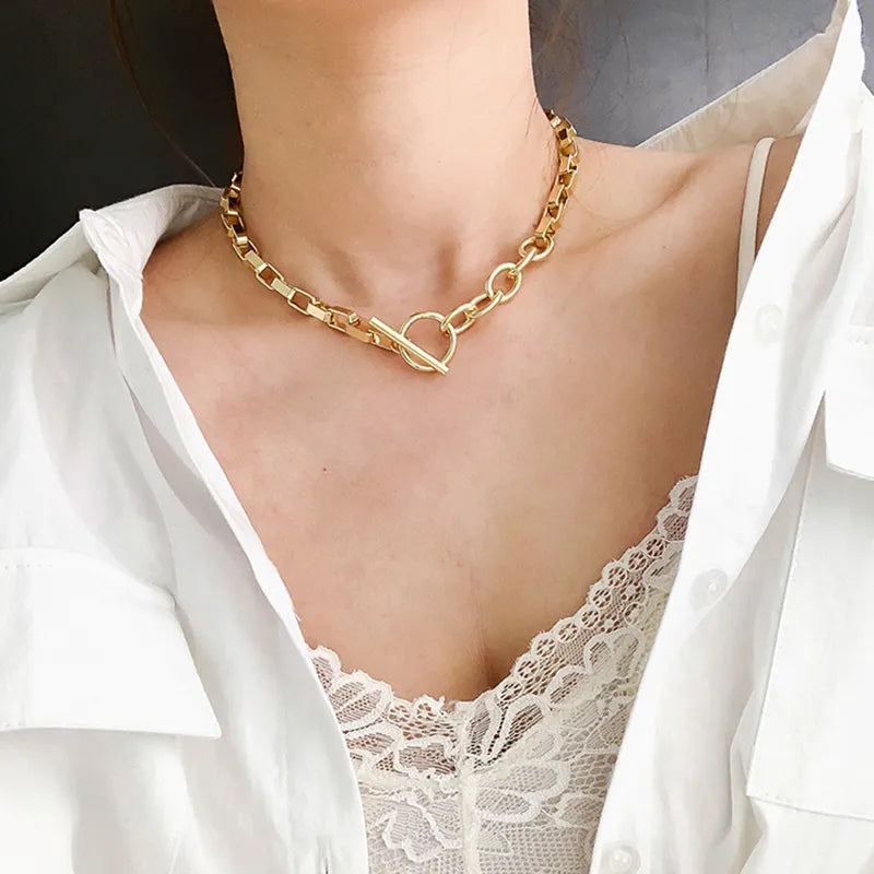 Peri'sBox Box Chain Toggle Clasp Gold Color Necklaces Mixed Linked Circle Necklaces for Women Minimalist Choker Necklace Jewelry