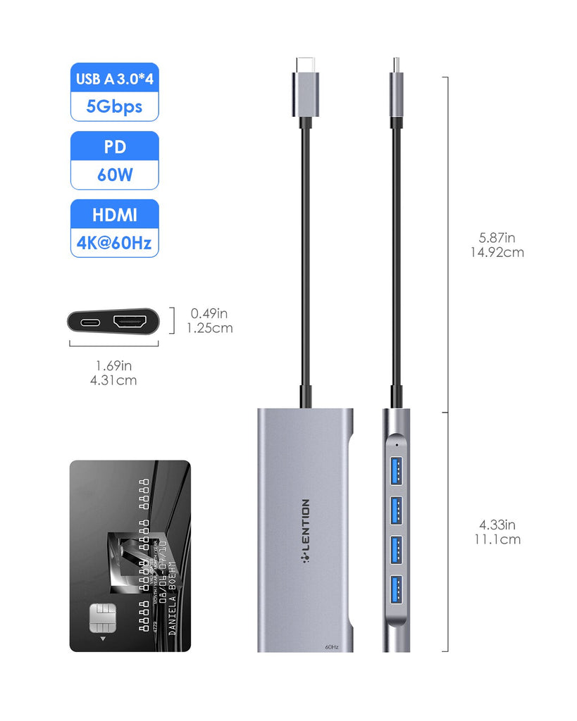 LENTION USB C Hub 4K@60Hz @30Hz HDMI USB-A 3.0 PD60W Multiport Adapter for M1 M2 MacBook/Pro/Air iPad Surface TypeC 1M Cable HUB