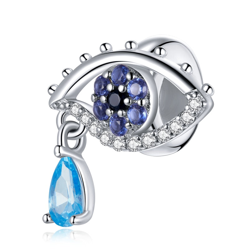 BISAER 925 Sterling Silver Vintage Blue Demon Eye Charm Bead Hand of Fatima Pendant Fit Woman Original Bracelet Fine DIY Jewelry