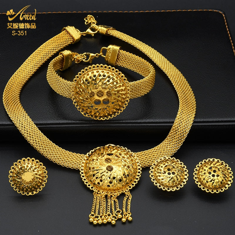 ANIID Ethiopian Gold Plated Jewelry Set For Women Bridal Dubai Jewellery Wedding Brazilian Eritrean African Earring Necklace Set