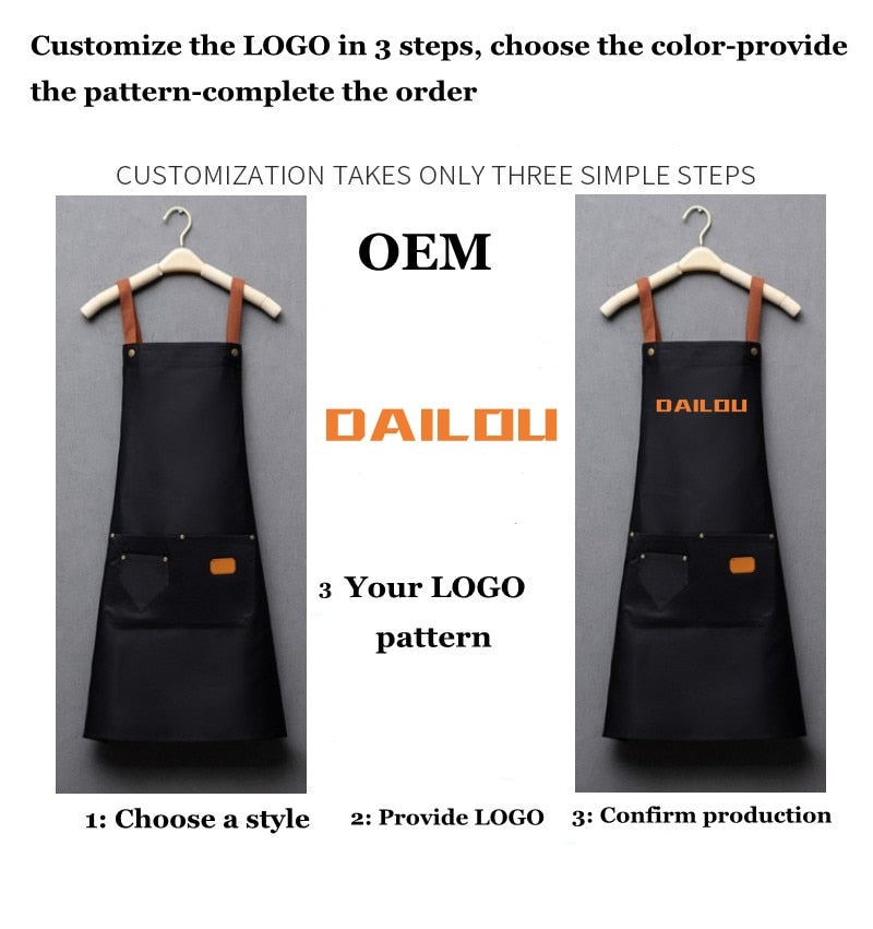 Customized personality logo signature men&#39;s and women&#39;s kitchen aprons home chef baking clothes with pockets adult bib waist bag