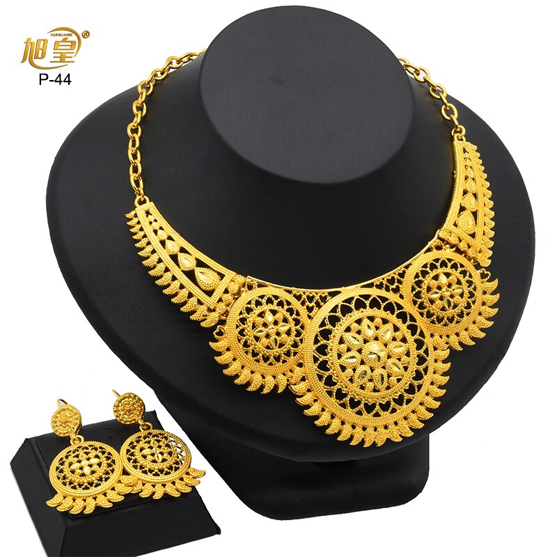 XUHUANG Dubai 24K Plated Necklace Earring Set Arabic Ethiopian Nigerian Banquet Wedding Party Necklace Choker Jewellery Set Gift