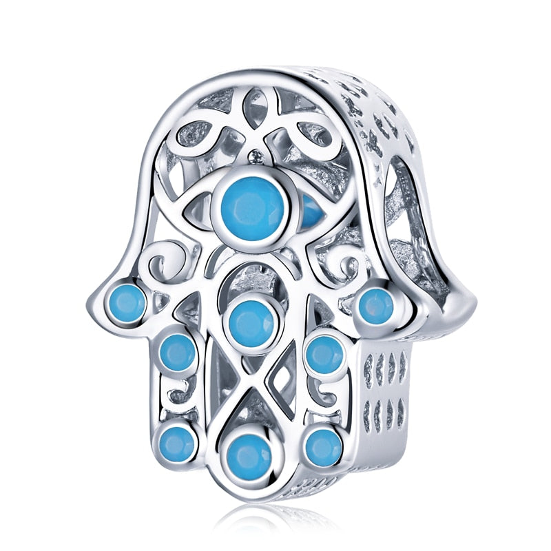 BISAER 925 Sterling Silver Vintage Blue Demon Eye Charm Bead Hand of Fatima Pendant Fit Woman Original Bracelet Fine DIY Jewelry