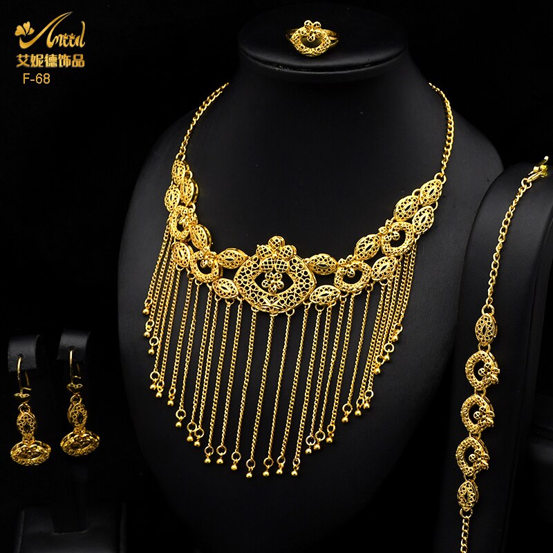 ANIID Dubai Tassel Gold Plated Jewelry Sets For Women Fashion Indian Bridal Necklace And Earring 4Pcs Set Ethiopian Party Gifts