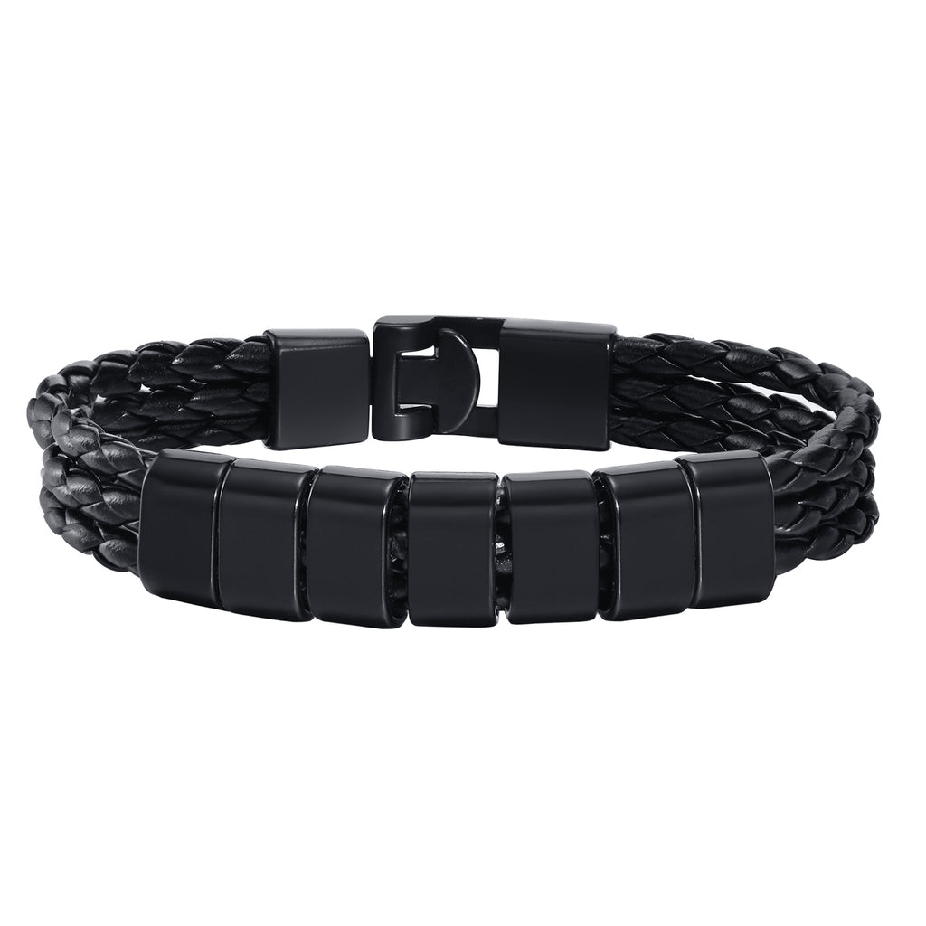 Black Braided Leather Bracelet With Name Personalized Custom Beads Bangle Bracelet for Men Husband Family Gifts