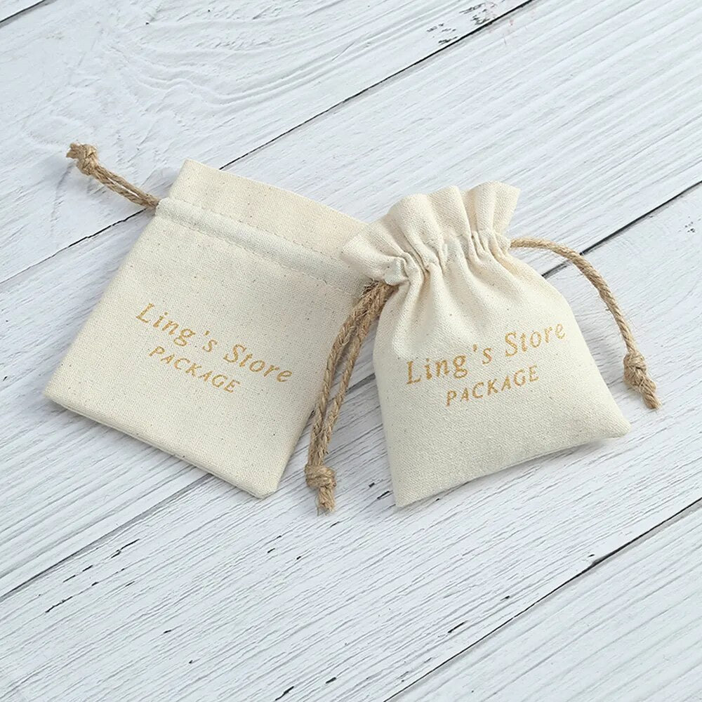 100pcs Nature Cotton Jewelry Bags Grosgrain Ribbon Drawstring Pouch Custom Logo Earring Bracelet Dice Dust Bag Wedding Gift Bag