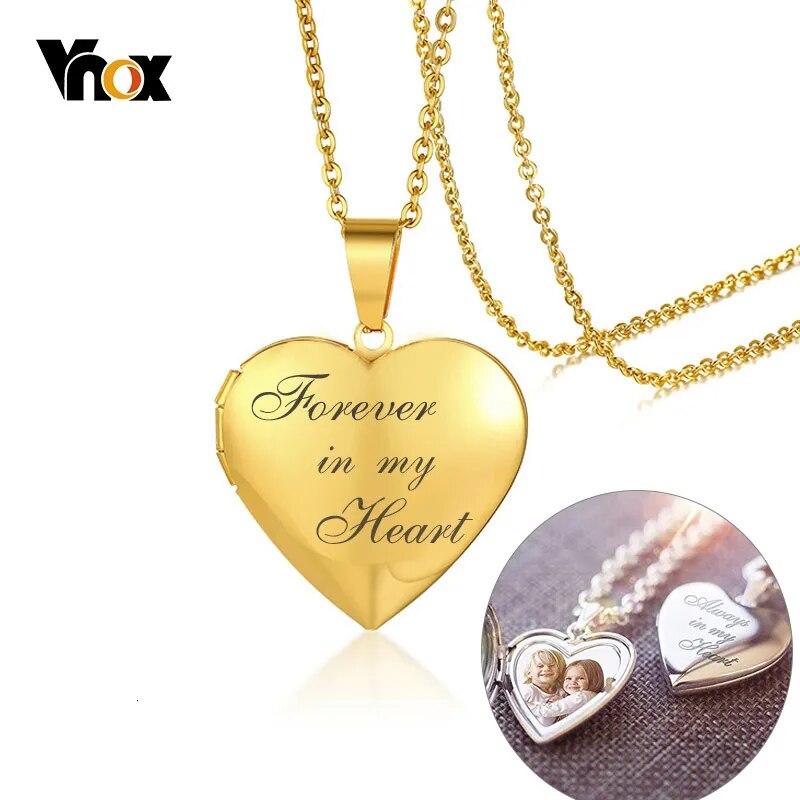 Vnox Personalized Heart Locket Pendant for Women Men Photo Frame Necklaces Stainless Steel Always in My Heart Unique Custom Gift
