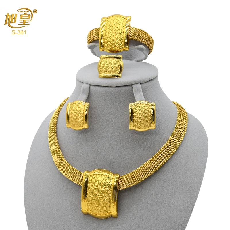 XUHUANG African Necklaces Bracelets Earing Sets Nigerian Wedding Jewelry Set Ethiopian Gold Colour Necklace Jewellery Set Gifts