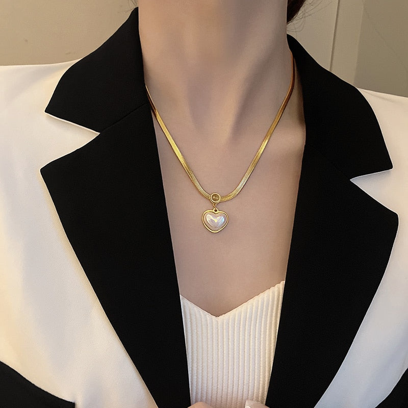 Non Fading Necklace 2022 New Pearl Heart Pendant Stainless Steel Gold Color Necklace Party For Womens Luxury Jewelry Accessories