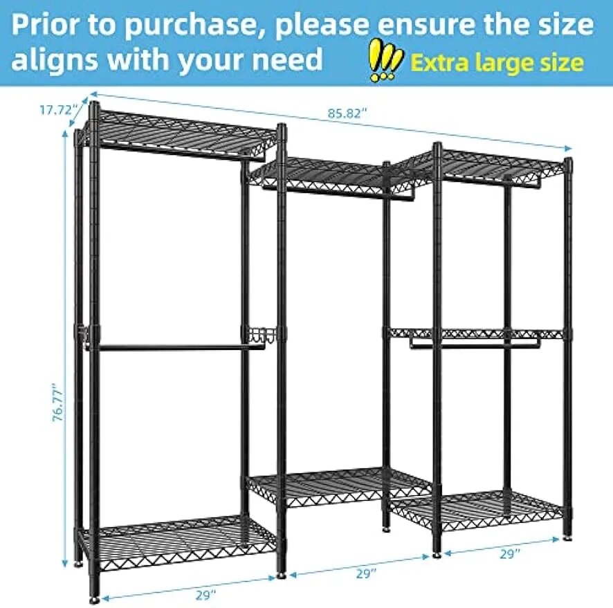 Portable Wardrobe Rack, 7 Tiers Wire Shelving Black Garment Rack, Compact Extra Large Clothing Racks Metal